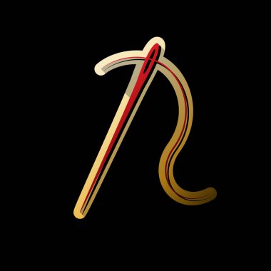 İş parçacığıyla iğne. Dikiş iğnesi, iğne dikiş için. Vektör. Küçük siyah ve sınırsız gölgeler, siyah zemin üzerine altın etiket ile kırmızı simge.