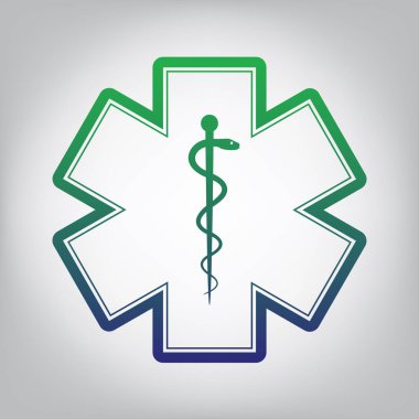 Acil durum veya Star of Life'nın tıbbi sembolü kenarlıklı. Vektör. Yeşil ışık Center'da grimsi arka plan mavi degrade kontur simgesine.