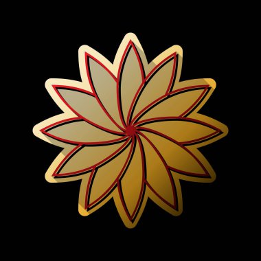 Çiçek işareti. Vektör. Küçük siyah ve sınırsız gölgeler, siyah zemin üzerine altın etiket ile kırmızı simge.