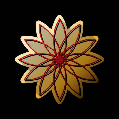 Çiçek işareti. Vektör. Küçük siyah ve sınırsız gölgeler, siyah zemin üzerine altın etiket ile kırmızı simge.