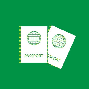 İki pasaport illüstrasyon işareti. Vektör. Yeşil arka plan, sarı çizgili gölge beyaz düz simgesi.