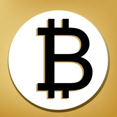 Bitcoin işareti. Vektör. Beyaz daire şeklinde yüzük, altın arka plan ile hafif kahverengi gölgeli siyah simgesi.