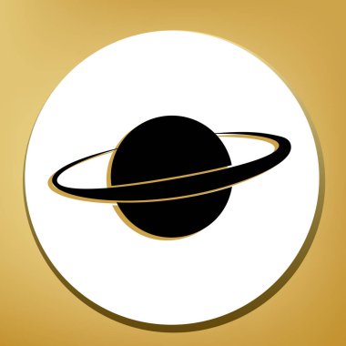 Gezegen yer işareti. Vektör. Beyaz daire şeklinde yüzük, altın arka plan ile hafif kahverengi gölgeli siyah simgesi.