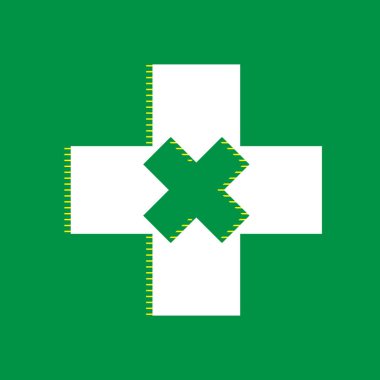 İlk yardım işareti illüstrasyon. Vektör. Yeşil arka plan, sarı çizgili gölge beyaz düz simgesi.