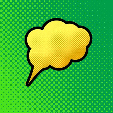 Konuşma balonu işareti illüstrasyon. Vektör. Pop sanat turuncu yeşilimsi arka plan, siyah kontur ile sarı noktalar-gradient simgesine.