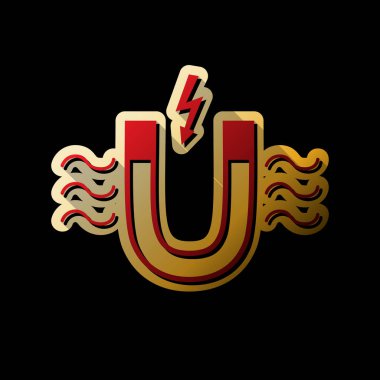 Mıknatıs manyetik kuvvet göstergesi ile. Vektör. Küçük siyah ve sınırsız gölgeler, siyah zemin üzerine altın etiket ile kırmızı simge.