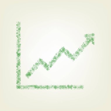 Çubuk grafik işareti büyüyen. Vektör. Yeşil altıgen rastered simge ve noised opaklık ve boyut olarak merkezi ışık ile açık yeşil renkli.