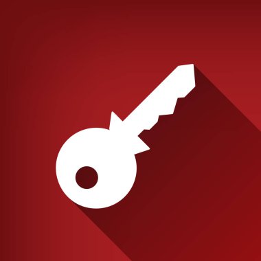 Anahtar işareti illüstrasyon. Vektör. Yakut kırmızı arka plan, sınırsız gölge beyaz simgesi.