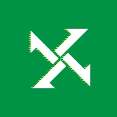 Oklar simgesinden çapraz. Vektör. Yeşil arka plan, sarı çizgili gölge beyaz düz simgesi.