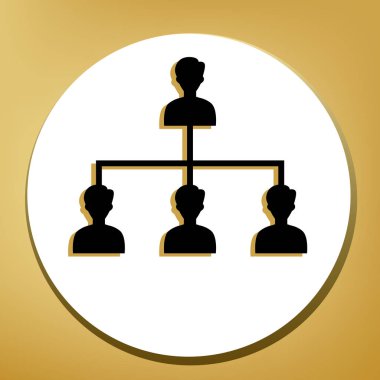 Sosyal medya pazarlama işareti. Vektör. Beyaz daire şeklinde yüzük, altın arka plan ile hafif kahverengi gölgeli siyah simgesi.