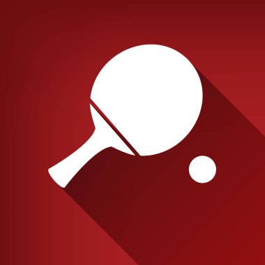 Ping pong raket topu ile. Vektör. Yakut kırmızı arka plan, sınırsız gölge beyaz simgesi.