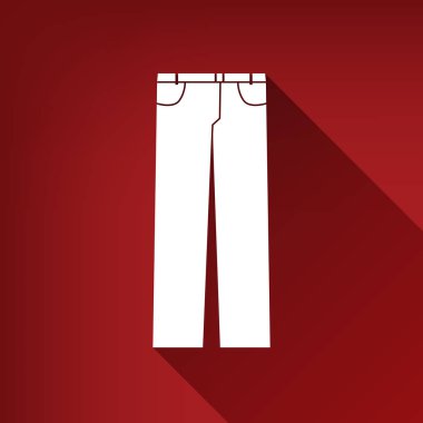 Erkek kot veya pantolon imzala. Vektör. Yakut kırmızı arka plan, sınırsız gölge beyaz simgesi.