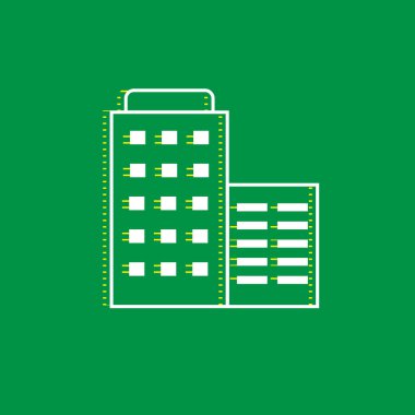 Otel işareti illüstrasyon. Vektör. Yeşil arka plan, sarı çizgili gölge beyaz düz simgesi.