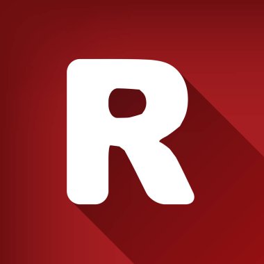 R harfi işareti şablon öğesi tasarım. Vektör. Yakut kırmızı arka plan, sınırsız gölge beyaz simgesi.
