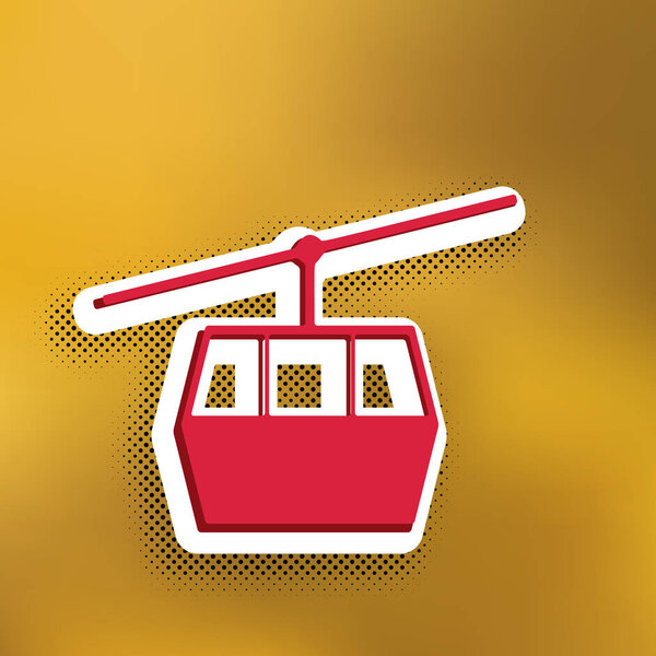 Funicular, Cable car sign. Vector. Magenta icon with darker shadow, white sticker and black popart shadow on golden background.