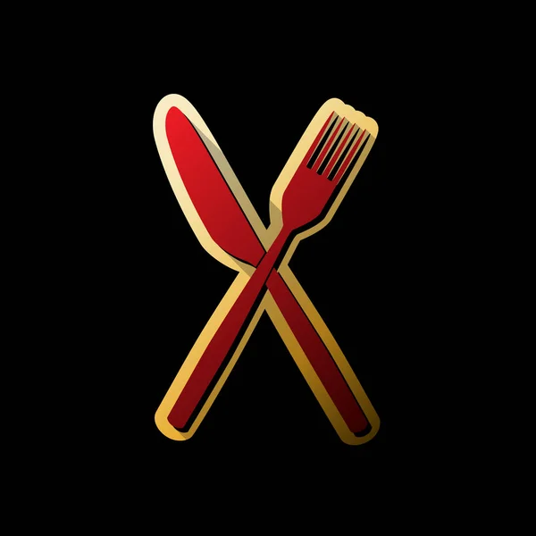 叉子和刀的标志 红色图标与小黑色和无限的阴影在黑色背景的金色贴纸 — 图库矢量图片