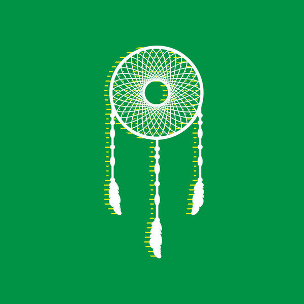 Dream catcher sign. Vector. White flat icon with yellow striped shadow at green background.