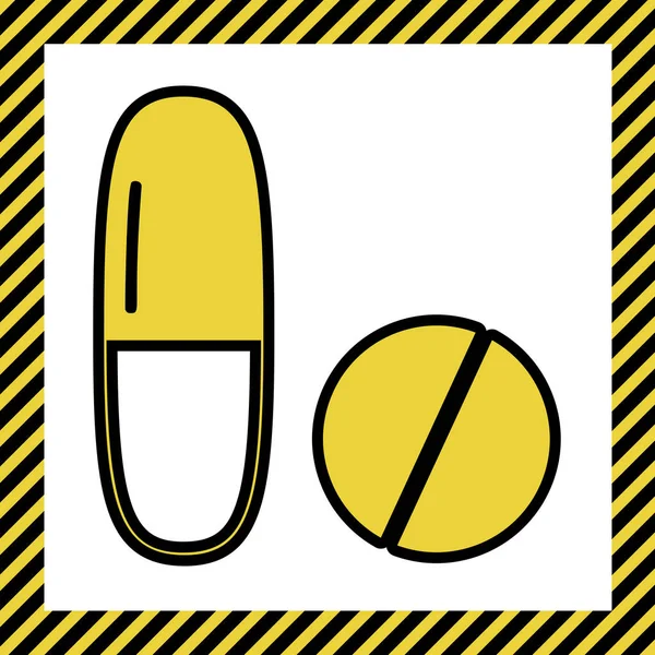 Медичні Таблетки Знак Вектор Тепла Жовта Іконка Чорним Контуром Рамці — стоковий вектор
