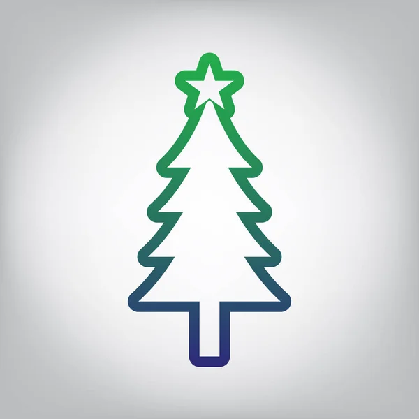 新年树标志 绿色到蓝色渐变轮廓图标在灰色背景与光在中心 — 图库矢量图片