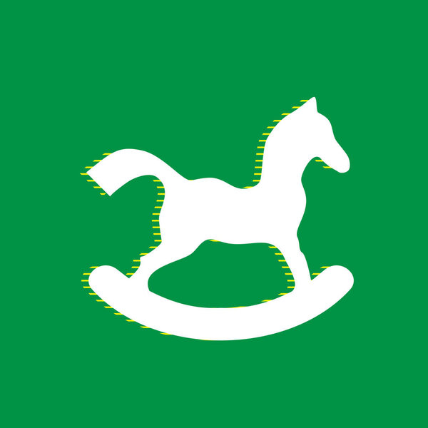 Horse toy sign. Vector. White flat icon with yellow striped shadow at green background.