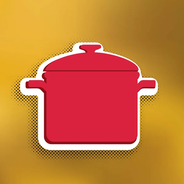 烹饪平底锅标志 洋红色图标与较深的阴影 白色贴纸和黑色的流行阴影在金色的背景 — 图库矢量图片