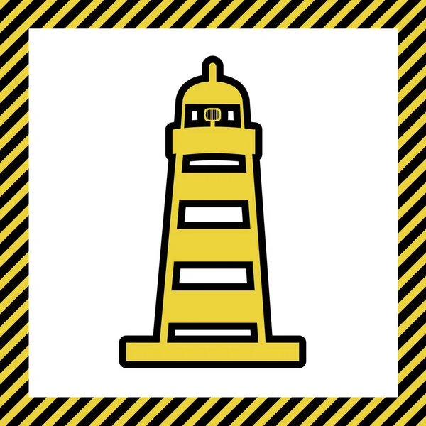 灯台印のイラスト ベクトル 白い背景で建設中 という名前のフレームに黒の輪郭を持つ温かみのある黄色のアイコン 分離されました — ストックベクタ