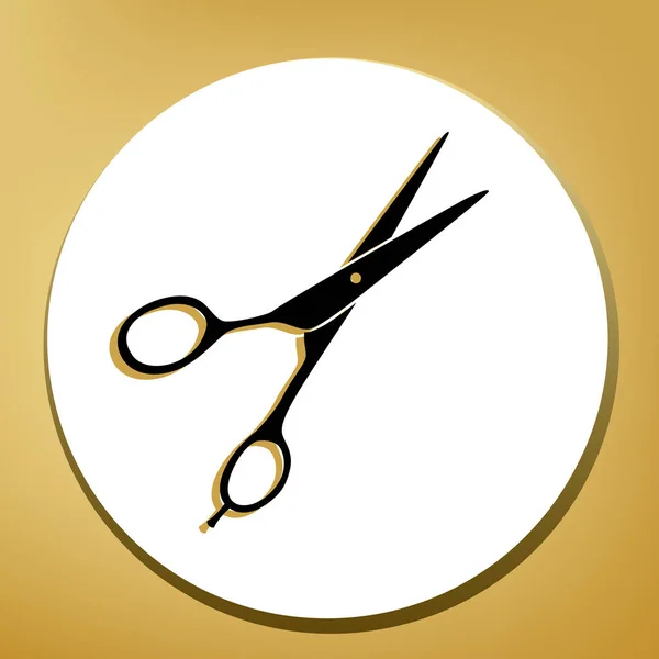 剪发剪刀的标志 黑色图标与浅棕色阴影在白色圈子与形状圆环在金黄背景 — 图库矢量图片