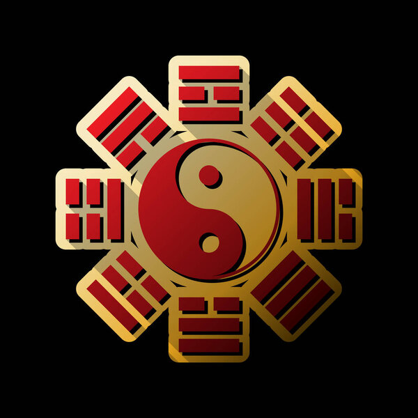 Yin and yang sign with bagua arrangement. Vector. Red icon with small black and limitless shadows at golden sticker on black background.