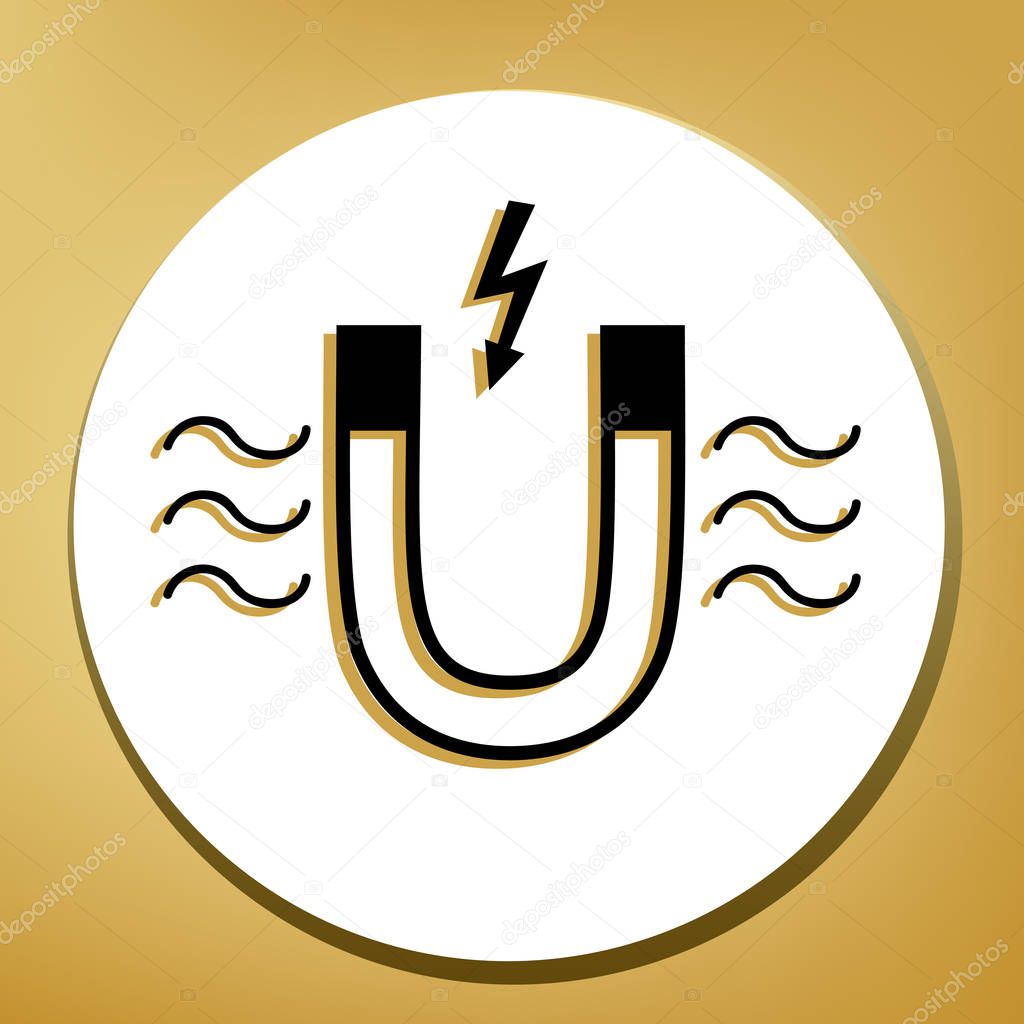 Magnet with magnetic force indication. Vector. Black icon with light brown shadow in white circle with shaped ring at golden background.