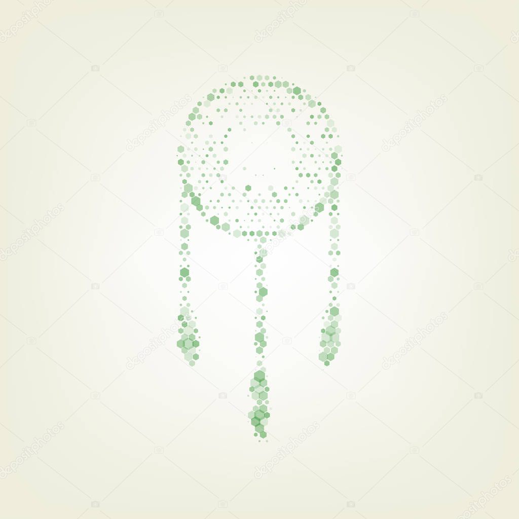 Dream catcher sign. Vector. Green hexagon rastered icon and noised opacity and size at light green background with central light.