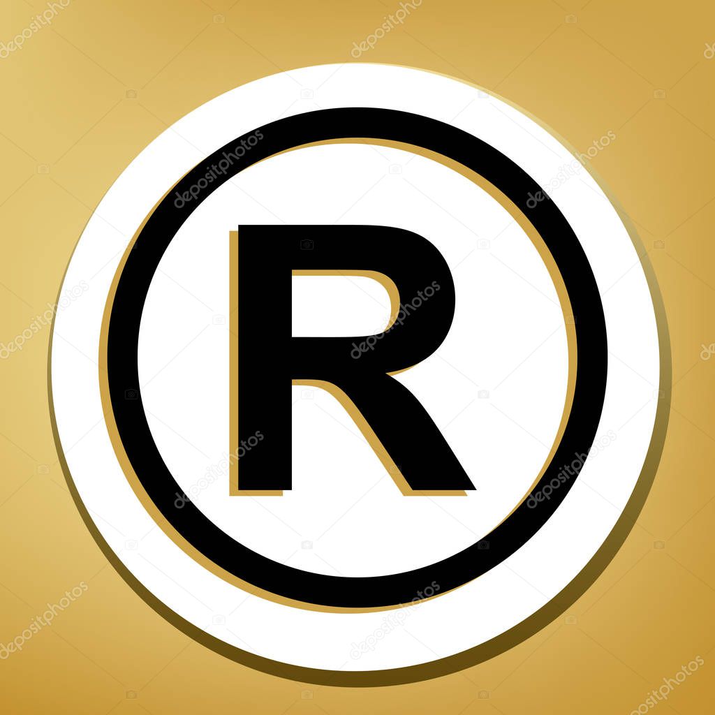 Registered Trademark sign. Vector. Black icon with light brown shadow in white circle with shaped ring at golden background.