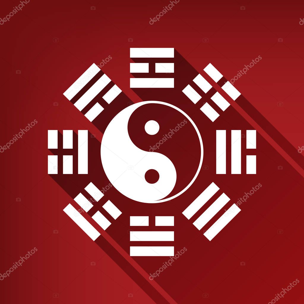 Yin and yang sign with bagua arrangement. Vector. White icon with limitless shadow at ruby red background.