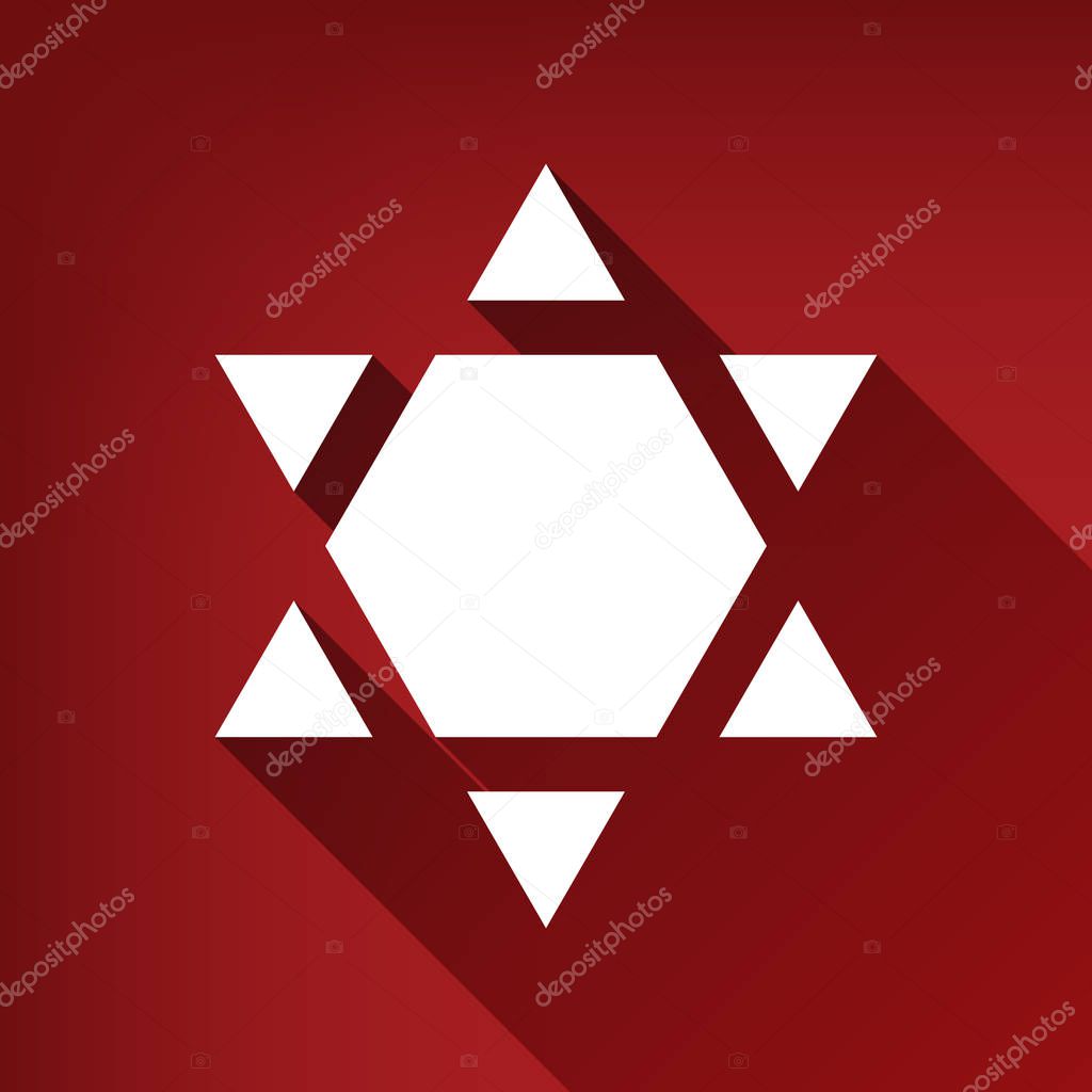 Shield Magen David Star Inverse. Symbol of Israel inverted. Vector. White icon with limitless shadow at ruby red background.