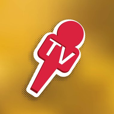 TV mikrofon işaret illüstrasyon. Vektör. Altın arka plan üzerinde siyah popart gölge koyu gölge, beyaz etiket ile kırmızı simge.
