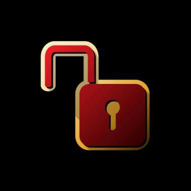 İşareti illüstrasyon kilidini. Vektör. Küçük siyah ve sınırsız gölgeler, siyah zemin üzerine altın etiket ile kırmızı simge.