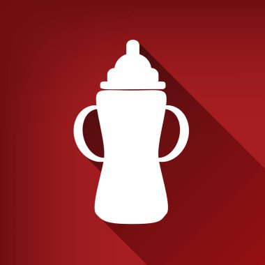 Bebek şişe işareti. Vektör. Yakut kırmızı arka plan, sınırsız gölge beyaz simgesi.