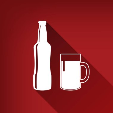 Bira şişe işareti. Vektör. Yakut kırmızı arka plan, sınırsız gölge beyaz simgesi.