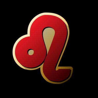 Leo işareti illüstrasyon. Vektör. Küçük siyah ve sınırsız gölgeler, siyah zemin üzerine altın etiket ile kırmızı simge.