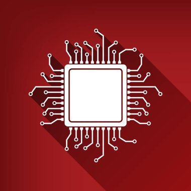 CPU mikroişlemci illüstrasyon. Vektör. Yakut kırmızı arka plan, sınırsız gölge beyaz simgesi.