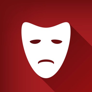 Trajedi tiyatro maskeleri. Vektör. Yakut kırmızı arka plan, sınırsız gölge beyaz simgesi.