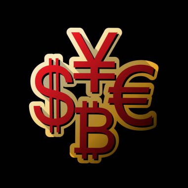 Para birimi koleksiyon doları, euro, bitcoin, yen oturum açın. Vektör. Küçük siyah ve sınırsız gölgeler, siyah zemin üzerine altın etiket ile kırmızı simge.