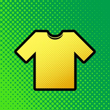 T-shirt işareti illüstrasyon. Vektör. Pop sanat turuncu yeşilimsi arka plan, siyah kontur ile sarı noktalar-gradient simgesine.