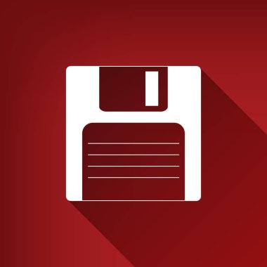 Disket işareti. Vektör. Yakut kırmızı arka plan, sınırsız gölge beyaz simgesi.