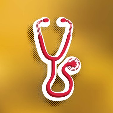 Stetoskop işareti illüstrasyon. Vektör. Altın arka plan üzerinde siyah popart gölge koyu gölge, beyaz etiket ile kırmızı simge.