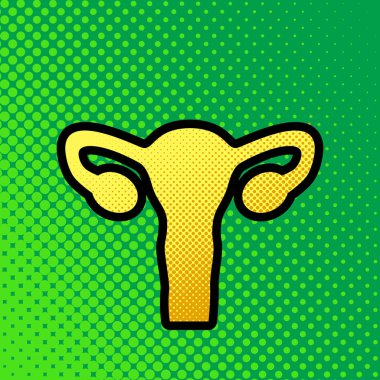 İnsan anatomisi. Rahim işareti. Vektör. Pop sanat turuncu yeşilimsi arka plan, siyah kontur ile sarı noktalar-gradient simgesine.