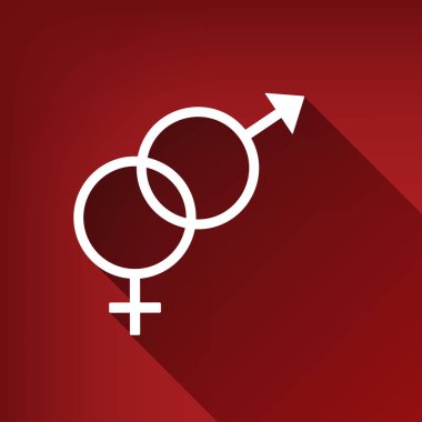 Seks sembolü işareti. Vektör. Yakut kırmızı arka plan, sınırsız gölge beyaz simgesi.