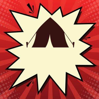 Turist çadır işareti. Vektör. Limon şifon çekim kabarcığın ışınları ile kırmızı popart arka plan, koyu kırmızı simge.