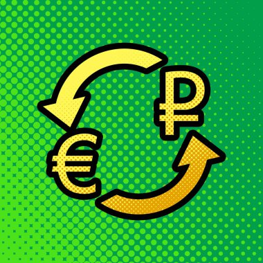 Döviz Alım Satım işareti. Euro ve Rusya Rublesi. Vektör. Pop sanat turuncu yeşilimsi arka plan, siyah kontur ile sarı noktalar-gradient simgesine.