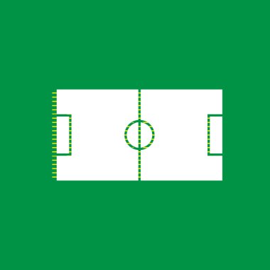 Futbol sahası. Vektör. Yeşil arka plan, sarı çizgili gölge beyaz düz simgesi.