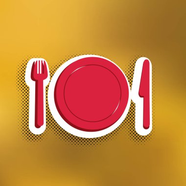 Çatal, plaka ve bıçak. Vektör. Altın arka plan üzerinde siyah popart gölge koyu gölge, beyaz etiket ile kırmızı simge.